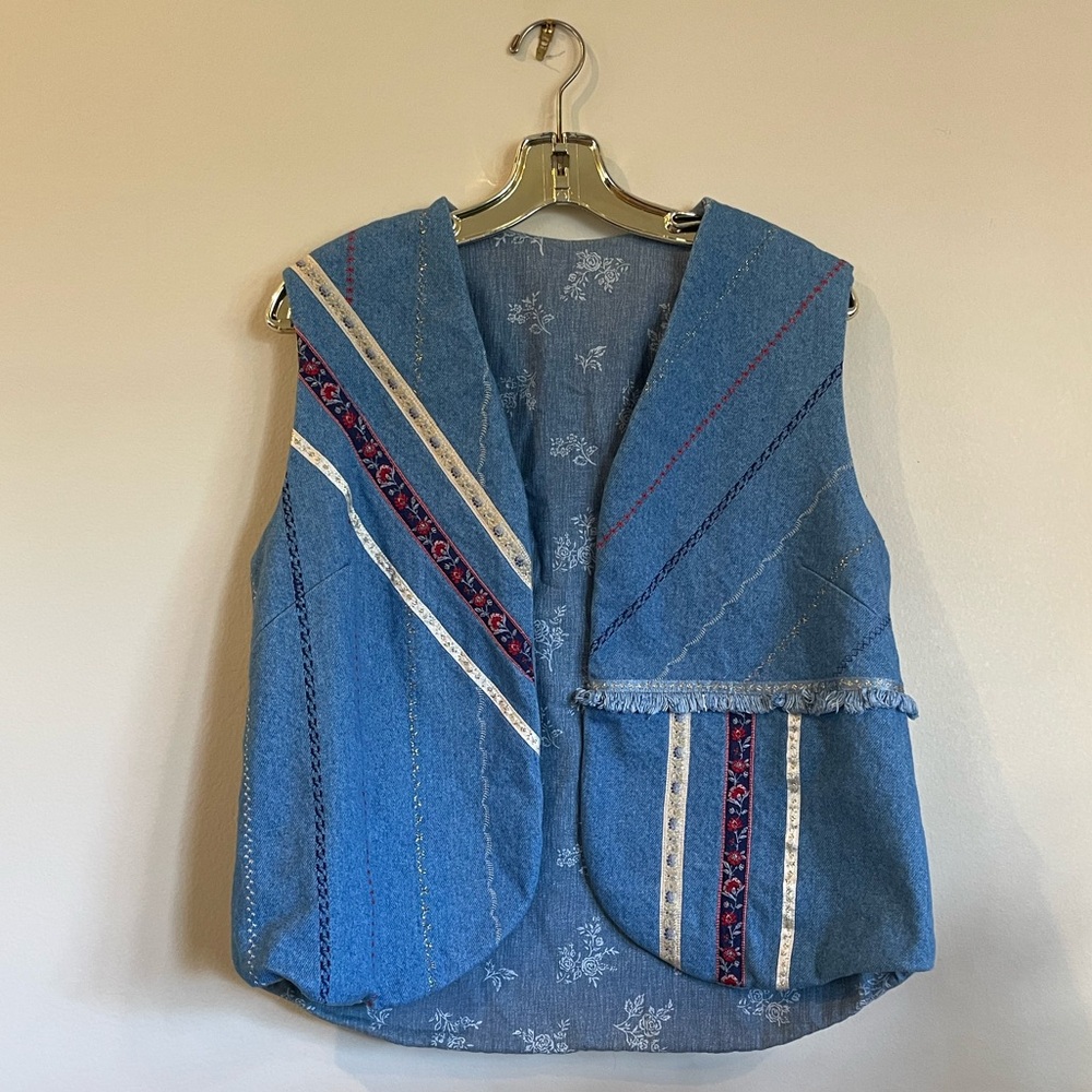 Handmade vintage blue vest with rose pattern lining and colorful stripes